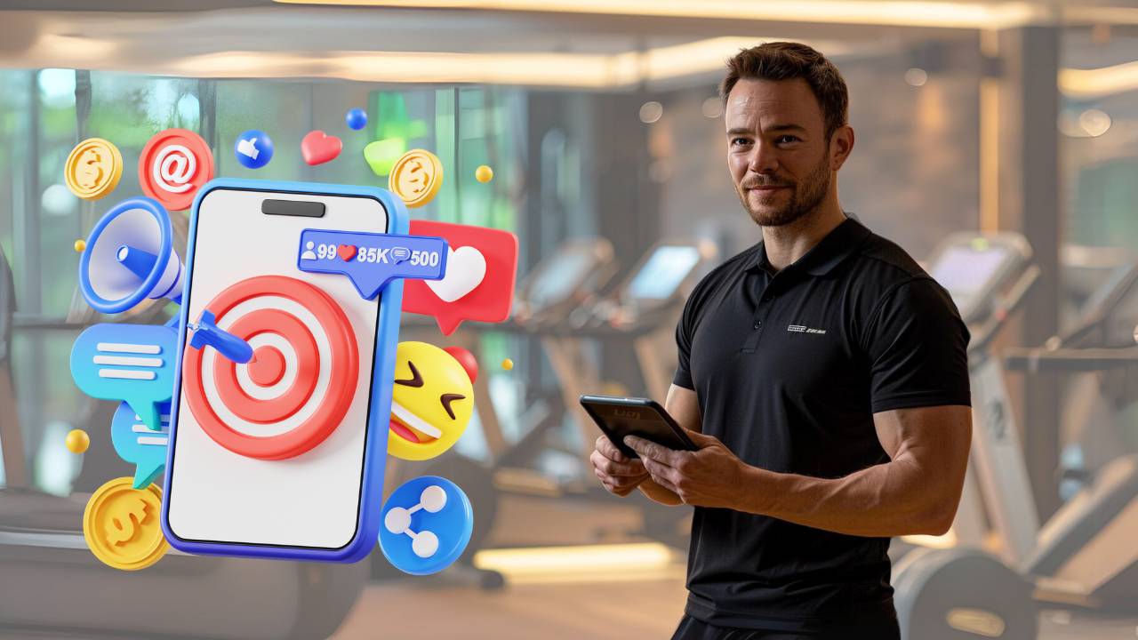 Ein muskulöser Mann in sportlicher Kleidung steht in einem modernen Fitnessstudio und hält ein Tablet in der Hand. Neben ihm schwebt eine große, stilisierte Darstellung eines Smartphones mit einem Zielscheiben-Icon und verschiedenen Social Media Symbolen wie Likes, Kommentare, und Follower-Anzeigen. Diese Symbole und Icons sind farbenfroh und illustrieren die Interaktionen und Engagements auf Social Media. Im Hintergrund sind Fitnessgeräte und ein gut beleuchteter Trainingsbereich zu sehen. Das Bild vermittelt die Idee der Nutzung von Social Media, um die Reichweite und Interaktion eines Fitnessstudios zu erhöhen.